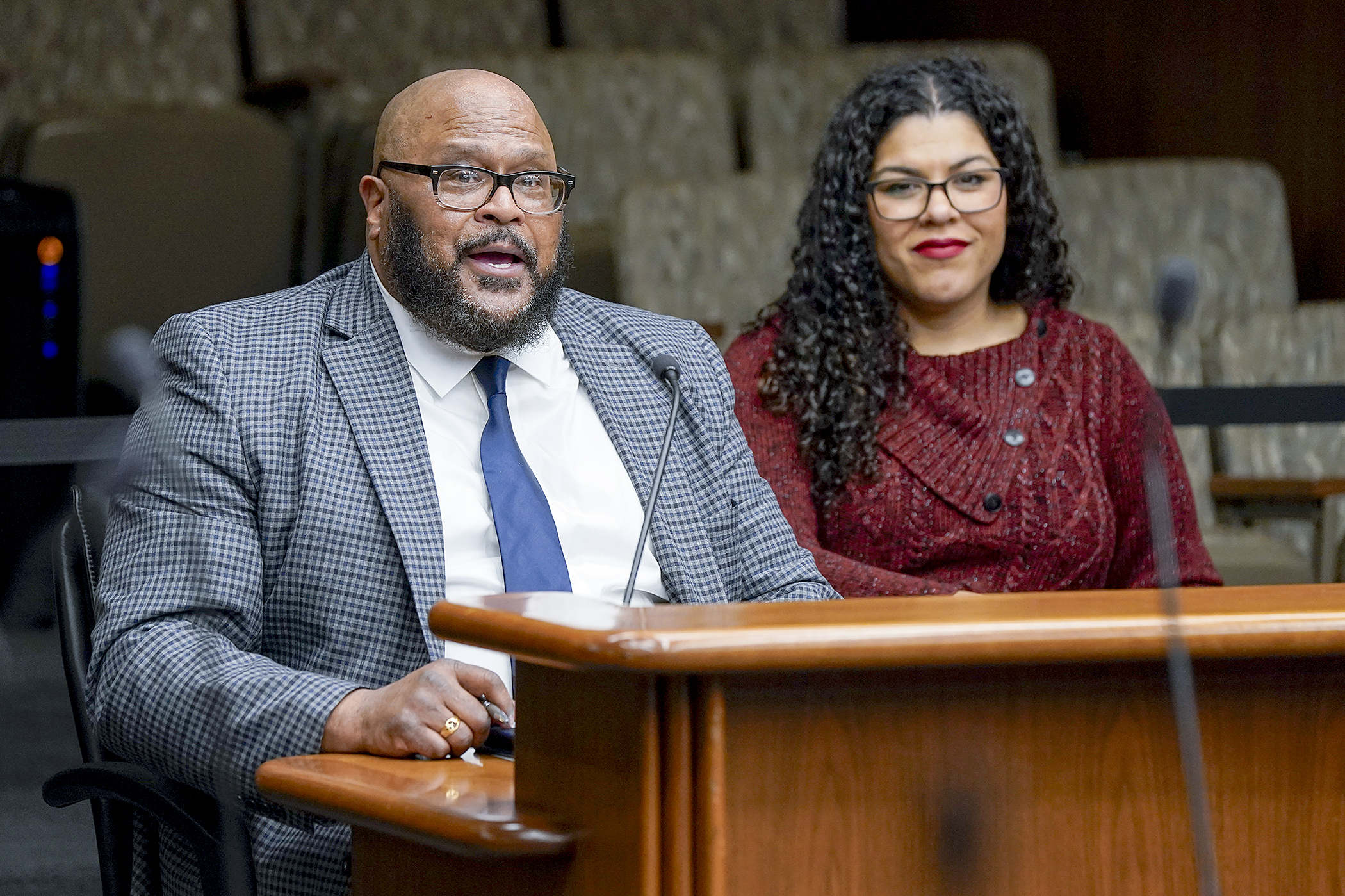 Scott Redd, president and CEO at Sabathani Community Center, testifies before the climate and energy committee in support of a bill to help fund a geothermal heat pump system for the center. Rep. Athena Hollins is the sponsor. (Photo by Michele Jokinen)